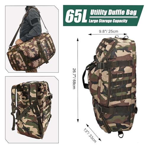 Image of Hannibal Tactical 65L Large Duffle Bag, 3-in-1 Tactical Backpack MOLLE Pack for Gym, Sports, Outdoor, Woodland