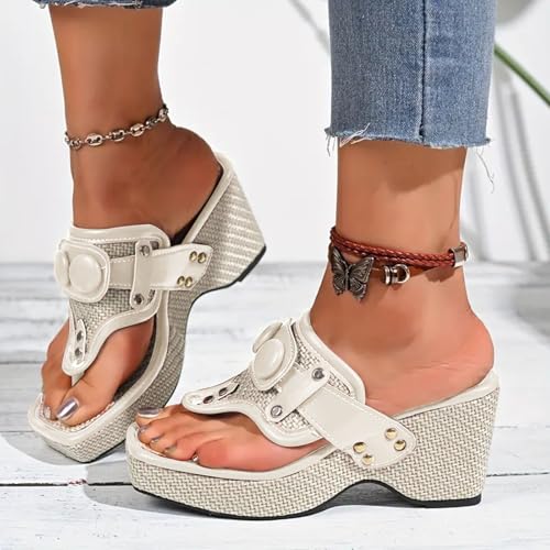 ZSpzx Woman's Square Toe Open Toe Thong Sandals Comfortable Trendy European T Shaped Straps Studded Accessories Insoles Thick Wedge Heels 2025 Vacation Indoor Outdoor Comfortable Lightweight Casual3