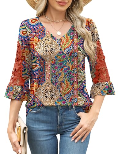 Rapbin 3/4 Length Sleeve Womens Tops Summer Lace Ruffles Sleeve T Shirts V-Neck Dressy Casual Trendy Tunic Blouses