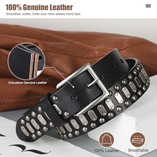 FIORETTO Stylish Mens Studded Casual Italian Cowhide Leather Belts For Jeans Punk Rock Rivets Belt With Buckle For Men Black2