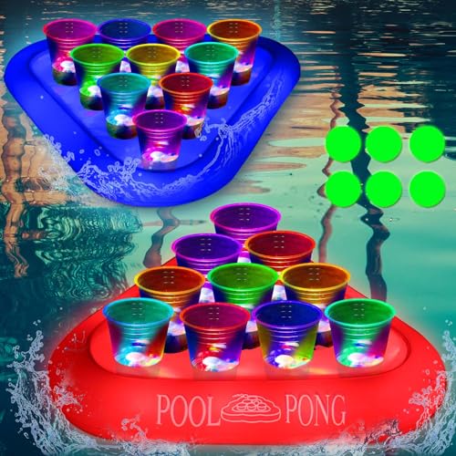mishunyus Glow Party Large Floating Pool Pong Set for Adults - Inflatable Light-Up Pool Games with 2 Floating Rack & 16oz Cups Day/Night Use Toss Game for Summer Pool Party Outdoor Swimming