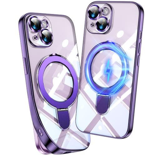 Image of Magnetic for iPhone 15 Case with Invisible Stand[Compatible with MagSafe][Full Camera Lens Protector][Military Drop Protection] Shockproof Not Yellowing Clear Slim Soft for Women Men