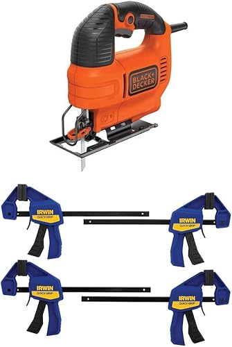 BLACK+DECKER Sierra de vaivén, 4.5 amperios con abrazaderas IRWIN de ajuste rápido con una mano, minibarra, 6 pulgadas, 4 unidades (BDEJS300C y