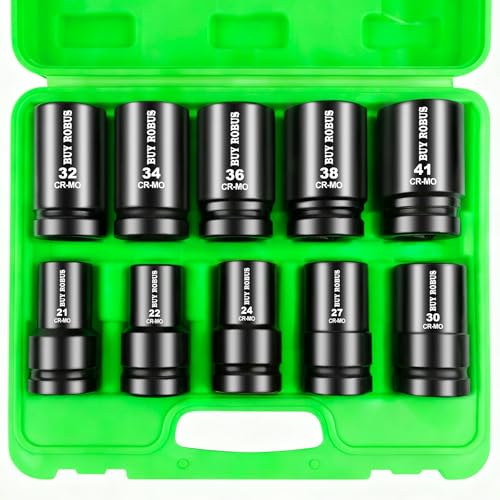 10PCS 1 In Drive Deep Impact Socket Set Metric CR-MO 21 22 24 27 30 32 34 36 38 41mm Deep Spindle Axle Nut Impact Socket Set