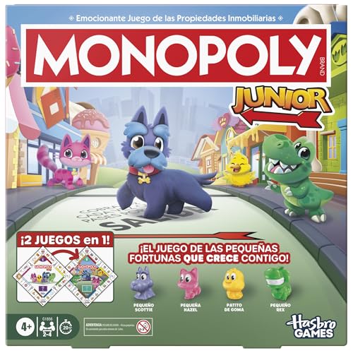 Jogo de mesa Monopoly Junior (Edição 2026) | 2 jogos em 1 para crianças pequenas, tabuleiro de 2 faces, A partir de 4 anos | 2-4 jogadores | 20 min. | Presentes pré-escolares - versão em espanhol