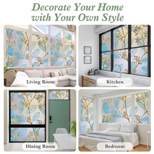 Image of MOCOCO Premium Vinyl Privacy Stained Window Glass Sticker (24x96 Inch) - Self-Adhesive Decorative Film Opaque Sheet Tint Wallpaper for Glass Cover Window, Door, Office, Home.| Anti-UV. Blue Leaves