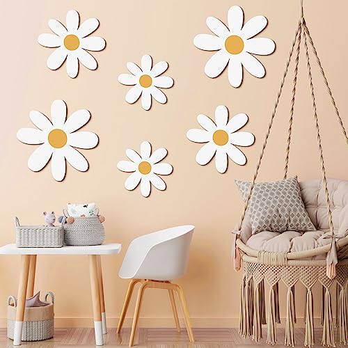 Image of Thyle 6 Pcs Daisy Wall Decor Wooden Daisy Art Flowers Wall Signs Hanging Plaque for Home Nursery Bedroom Farmhouse Bathroom Decorations Housewarming Gifts(Simple Style,White Color)