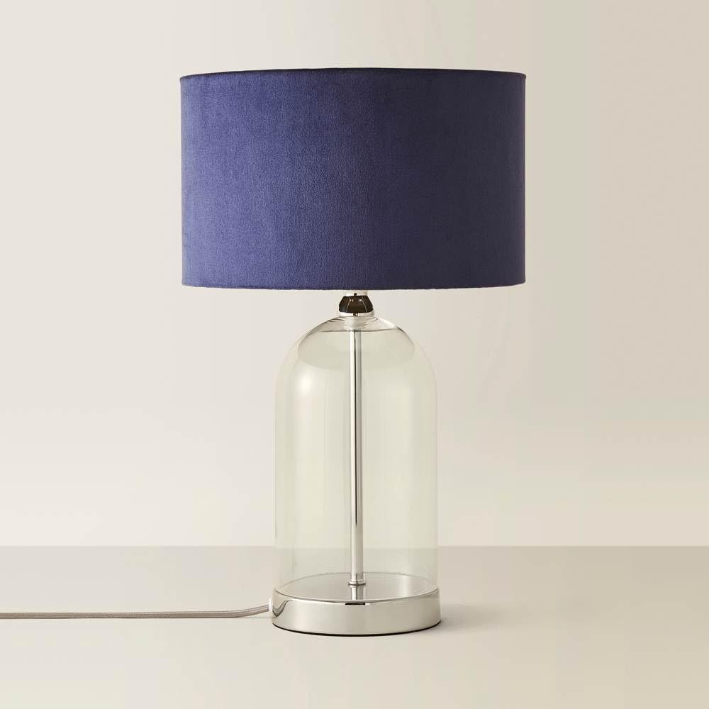B&Q -  Jessy Glass And Black Metal Bedside Table Lamp With A Navy Blue Velvet LampshadeBulb Included
