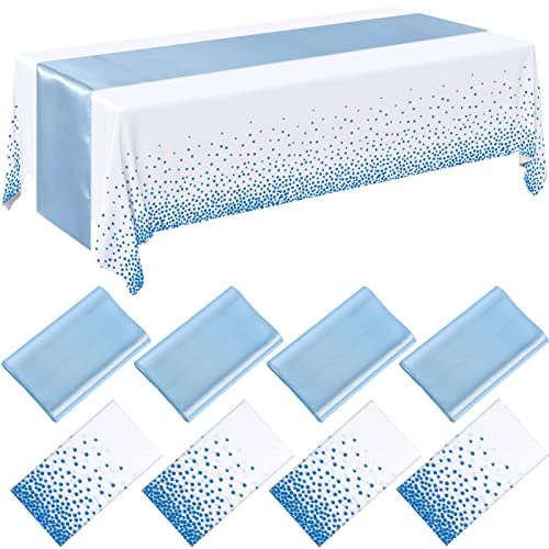Image of Breling 8 Pack Winter Baby Blue and White Disposable Plastic Tablecloths and Satin Table Runner Set, 54 x 108 Inch Tablecloth, 12 x 108 Inch Table Runners for Wedding Birthday Baby Shower New Year