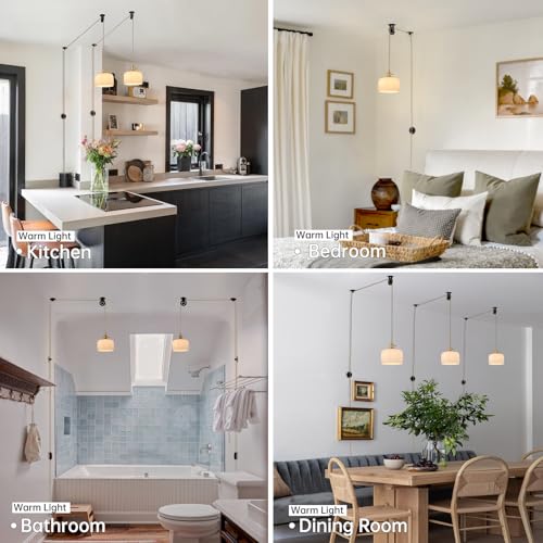 Image of Shenmoyl Plug in Pendant Light Hanging Light Fixture Corded On /Off Switch Brass Pendant Light with White Striped Glass Lampshade for Bedroom Living Room Kitchen Island