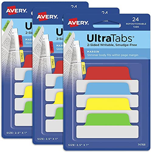 Image of Avery Margin Ultra Tabs, 2.5 inch x 1 inch, Repositionable, 72 Tabs | For Marking Pages in Books and Planners, Clear Film Tabs, 2-Side Writable, Smudge-Resistant, Fits Within Margins
