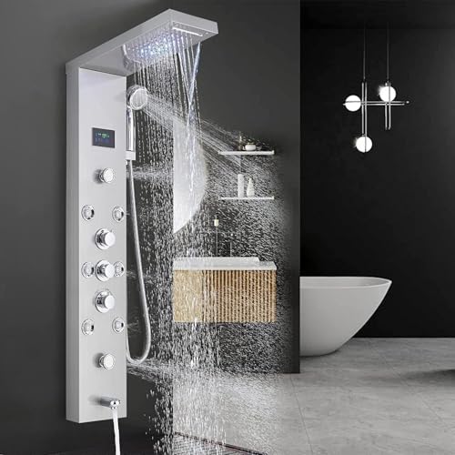 Image of Backline 7-in-1 Multifunction Thermostatic Shower Panels | SS 304 Grade with LED Rainfall, 8 Body Jets Rotatble, Hand Shower, Water Spout, Hot & Cold Mixer | Shower Panel For Bathroom (Brushed Matt)
