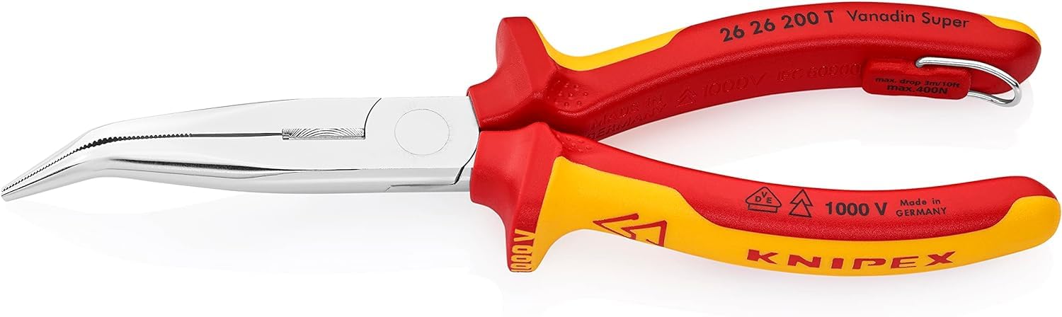 KNIPEX Pinza per meccanica - con becchi mezzotondi con tronchese (pinza a becchi di cicogna) in blister cromata isolante con manici, 26 26 200 T BK