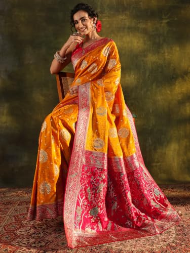 Image of Libas Art Woven Design Satin Saree for Women With Unstitched Blouse Piece | Traditional Saree for Party & Wedding