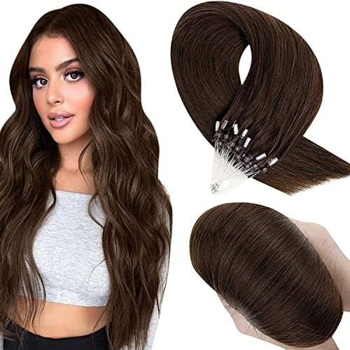 Hetto Real Human Hair Micro Hair Extensions Brown Invisible Micro Loop Hair Extensions #4 Dark Brown Micro Links Hair Extensions Invisible Pre Bonded Micro Hair 22 Inch 50g 50 Strands
