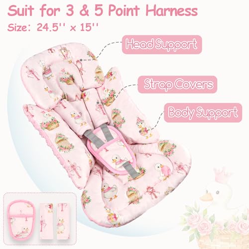 Image of Infant Car Seat Insert with 3 Strap Covers, Soft Car Seat Head Support for Baby Girls, Plush Fabric Newborn Insert for carseat, Strollers, Swings, Bouncer, Flower Goose