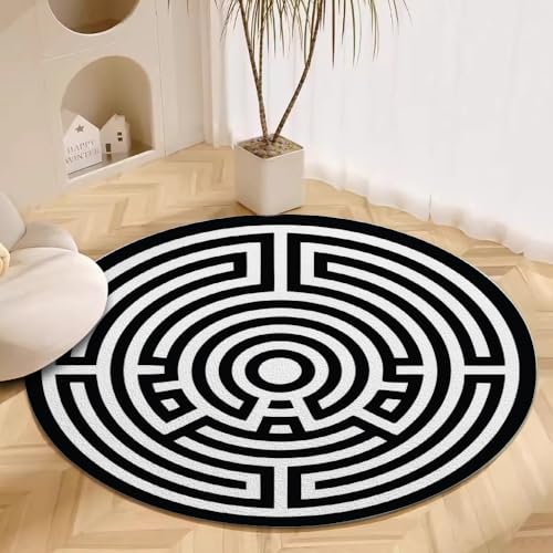 Modern Black White Round Rug Abstract Maze Print Living Room Circle Area Rugs 3ft Washable Soft Non Slip Low Pile Indoor Floor Carpet for Bedroom Office Kitchen Coffee Table