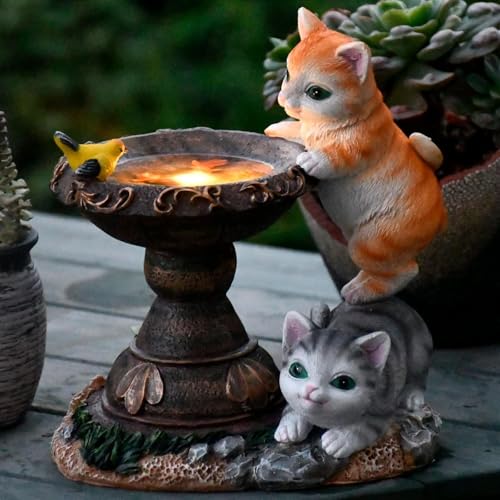 Image of XERGY Solar Powered Garden Decor Cute Cat & Bird Resin Statue with LED Bowl - Outdoor Decorative Lamp with Dusk to Dawn Sensor, Waterproof Light for Lawn,Terrace & Balcony Decor (Multicolor)
