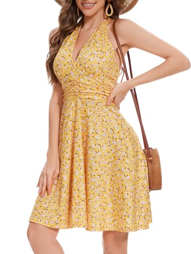 Image of Women's Summer Sundress- 2025 Sexy Halter Sleeveless Spring Boho Elastic Waist Ruffle Mini Dress