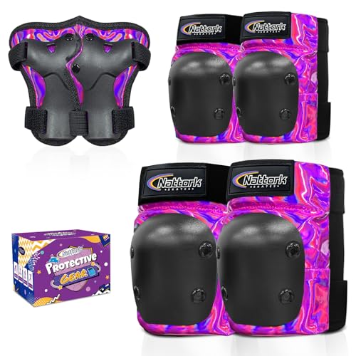 Nattork Nattork Knee Pads for Kids Youth Audlt，Knee and Elbow Pads with Wrist Guards 6 in 1 Protective Gear Set for Skateboard, Roller Skate, Inline Skates, Cycling and Scooter Boys Girls