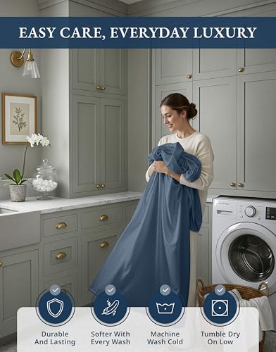 Image of LANE LINEN Deep King Sheets for Thick Mattress Sateen Weave - Estate Blue | Egyptian Cotton King Sheets - 4-Piece Set, For Guests And Everyday Use, For A Silky Hotel-Style Bed, Luxe Sheen,