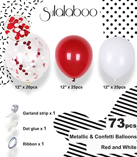 Image of Metallic Red and White Balloons 12Inch 73PCS White Red Confetti Latex Balloons Shiny Helium Balloon Set for Birthday Anniversary Graduation Party Decorations