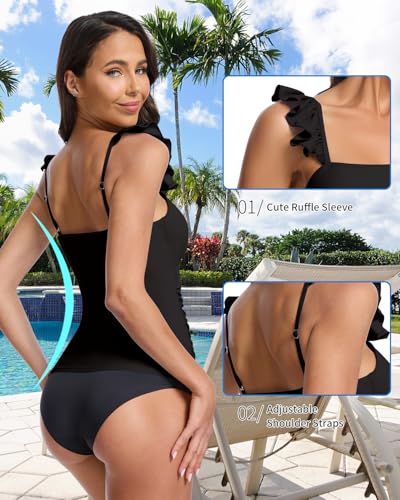 WOWENY Tankini Swimsuits for Women Ruched Tummy Control Bathing Suit Swimwear UPF 50+ Ruffle Padded Tops Only No Bottom3
