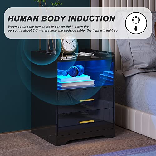 Hnebc Auto Led Nightstand With 2 Usb Charging Station, High Gloss Black Nightstand Side Table With 2 Drawers,Bedside Table Has Infrared Induction/3 Color Led Lighting/Adustable Brightness(Black) #TOP3