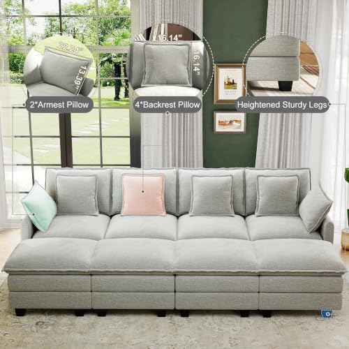 Image of 107 inch Cloud Couch Sectional Modular Sofa, Deep Seat Couches with Ottoman and Removable Washable Pillows for Living Room, Bedroom, Apartment, Light Grey