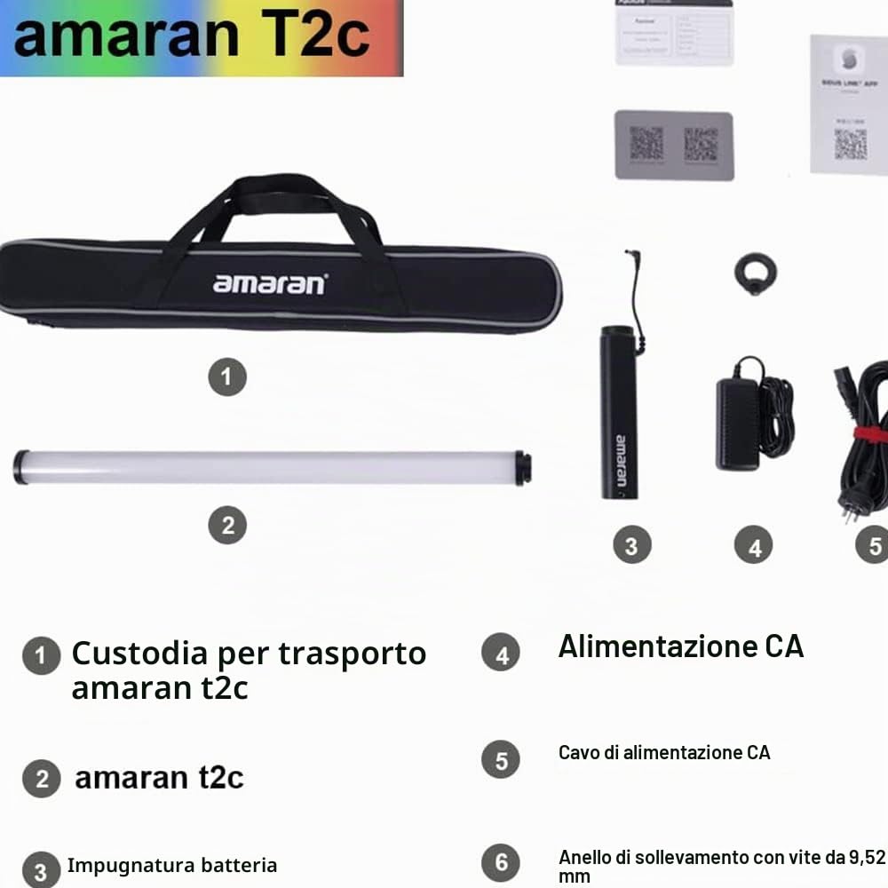 Amaran T2c Luce Tubolare LED a Colori da 0,6 m Con Uscita RGBWW da 20W, 475 Lux a 1 m (5600 K), Con 95+ CRI, 98+ TLCI e App Sidus Link Per Creatori di Contenuti, Registi
