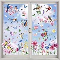 Fensterbilder Frühling, VOGEL-TREFFEN Fenster Aufkleber Fenstersticker Selbstklebend Baum, Ast Zweige Pflanzen Blätter Wohn Schlafzimmer Wiederverwendbar