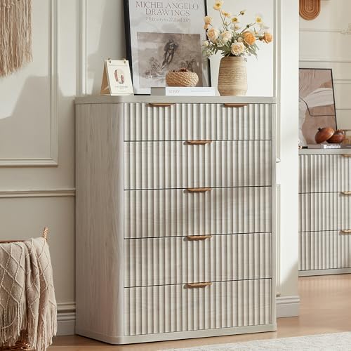 Image of LEYAOYAO Fluted 6 Drawers Dresser for Bedroom Set of 2, 42 inch Tall Modern Chest of Drawers with Metal Handle, Curved Profile Design,Wood Drawer Organizer for Bedroom, Living Room, Hallway,Lightgrey