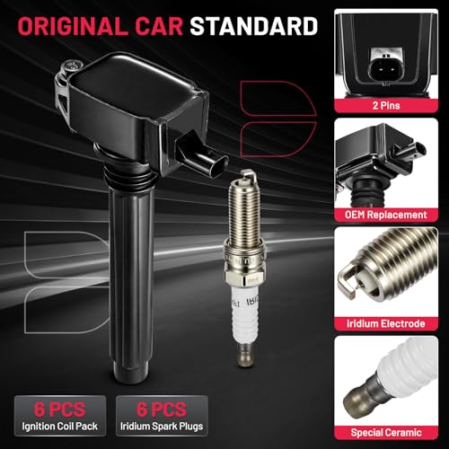 Image of BDFHYK Ignition Coil Pack UF648 and Iridium Spark Plug 97390 Compatible with Jeep Grand Cherokee 2011-2015 Jeep Wrangler Dodge Charger Grand Caravan 2016 Chrysler 200 300 Jeep Coil Pack 3.6L Set of 6