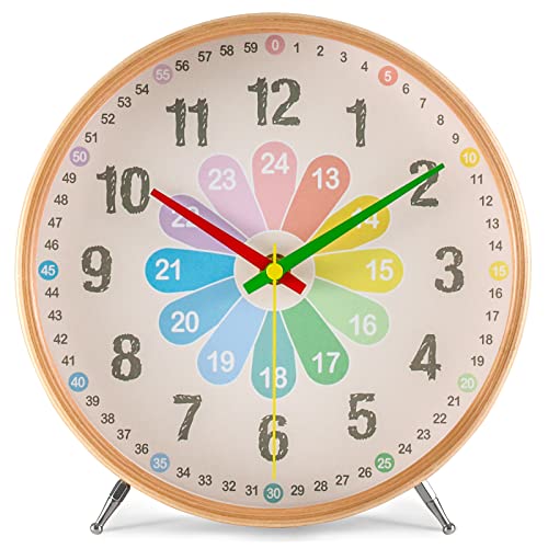 知育時計 置き時計 子供 木製 24時間表示 天然木 掛け時計 時間学習 静音 壁掛け時計 カラフル 子供用 生徒用 木枠 非電波 キッズ クロック VIKMARI（花 - A）