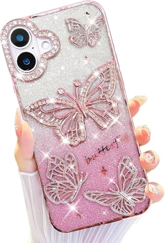 Image of VONZEE Electroplated Butterfly Case Compatible with iPhone 16 Plus, Pearlescent Diamond Sparkle Soft TPU Cover, Shockproof Drop Protection, Camera Lens Guard Stylish Phone Case for Women & Girls, Pink