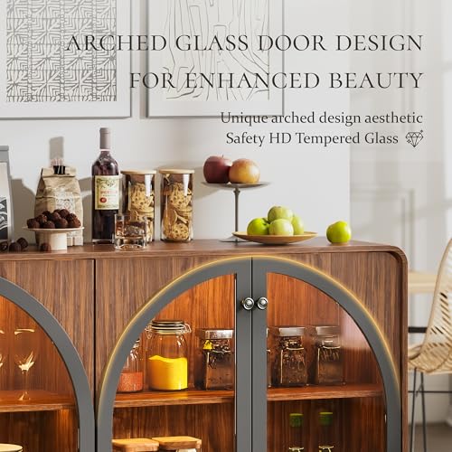 Image of Sideboard Buffet Cabinet with Storage, 68 inch Walnut Credenza Accent Cabinet Buffet Table w /4 Arched Glass Doors & LED Light, Modern Coffee Bar Liquor Cabinet w /2 Shelves for Kitchen Entryway