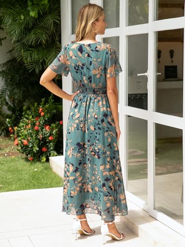 Image of Simplee Womens Floral Maxi Dress - Short Sleeve Summer Boho Wedding Guest Dress Empire Waist Chiffon Modest Midi Dresses