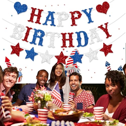 Image of Red White Blue Happy Birthday Banner Decoration Glitter American Themed Stars Decorations for 4th of July Memorial Day Party