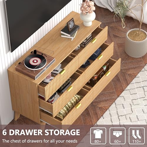 Image of Dresser 6 Drawer Dresser for Bedroom, 47''W Fluted Wooden Dresser Storage Cabinet and Chest of Drawers with Metal Handle, Storage Organizer for Living Room, Hallway, Entryway, Nature Oak