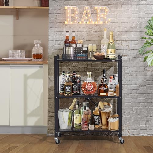 Image of DEANIC 3 Tier Foldable Storage Shelves with Wheels, Kitchen Appliance Stand, Freestanding Metal Wire Shelf Rack, No Assembly Organizer Rolling Cart for Garage, Basement, Pantry (Black)