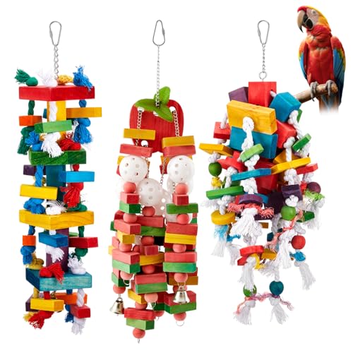 Seenelling 3 Pcs Extra Large Bird Parrot Toy Multicolored Natural Wooden Parrot Cage Chewing Toys for Large Medium Macaws Cockatoos African Grey Birds (Block and Rope) - image 8