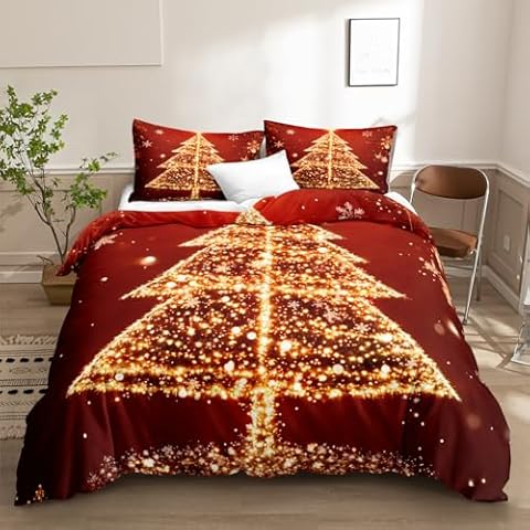 Bedorm Red Christmas Tree Bedding Merry Christmas Duvet Cover Set King Size White Snowflake Xmas Theme Happy New Year Decorative Bedding Set King Size Cover