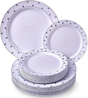 Silver Spoons Fancy 40 PC DINNERWARE Set | 20 Dinner Plates | 20 Side Plates | Heavyweight Dishes | Elegant Fine China Look | for Upscale Wedding and Dining (Dots White/Silver) 1835-TT