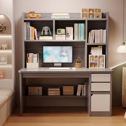 机 pcデスク、勉強机、ゲーミングデスク、収納棚付き、100/120CM、バックパネル付き、引き出し、棚、キャビネットドア、簡単な組み立て、書斎、寝室、リビングルーム、オフィスに適しています グレー 120*45*131CM