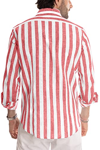 JMIERR Men's Old Money Aesthetic Cotton Linen Shirts Casual Stylish Long Sleeve Button-Up Vertical Striped Dress Shirts Summer Beach Shirt for Men,US 46(XL),Red and White Stripe - Image 4