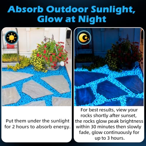 Image of NAMTSO Blue Glow in the Dark Rocks Outdoor Garden Decor, 500 pcs, 2.3 lbs | Large 0.6 inch-1.1 inch /pc, Resin Glowing Pebbles, Luminous Stones for Landscaping, Patio, Backyard, Lawn, Aquarium & Fish Tank Decor