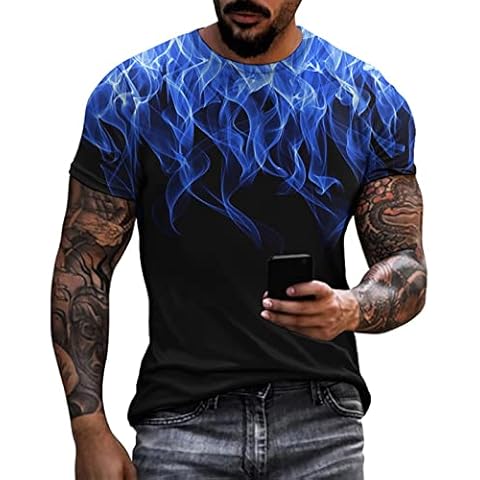 mothcattl Mens Casual Long Sleeve Men's Slim Stretch T-Shirt 3D Flame Print Gradient Color Men T-Shirt Quick Drying Short Sleeve O-Neck Tee Shirt Pullover Top - Blue M Cover