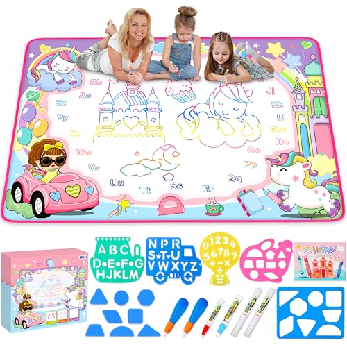 Image of Water Doodle Mat- Kids Painting Writing Doodle Board Toy - Color Drawing Mat Bring Magic Pens Educational Toys for Age 2 3 4 5 6 7 8 9 Year Old Girls Boys Toddler Present