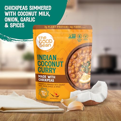 Image of The Good Bean Heat and Eat Pouch - Indian Coconut Curry - (4 Pack) 10 oz Pouch - Simmered Chickpeas with Coconut Milk - Pre-Cooked Beans with Good Source of Plant Protein and Fiber