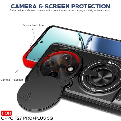 Image of Oppo F27 Pro Plus 5G Back Cover | Armor Camera Slider 360 Degree Rotating Finger Ring Holder Case with Bracket Stand Back Case Cover (Compatible with MagSafe Accessories) (Black)